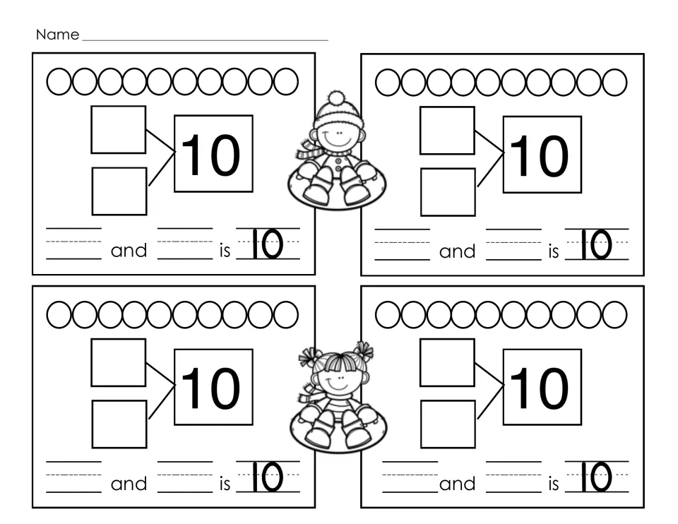 Making 10 with snow-tubing kids: students show 4 ways to split ten circles into a number bond and write '_ and _ is 10'