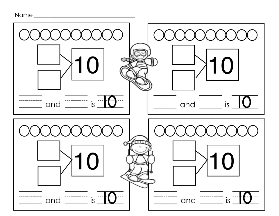 Making 10 with skier and snowboarder art: students fill 4 more number bonds to 10 and complete each addition sentence