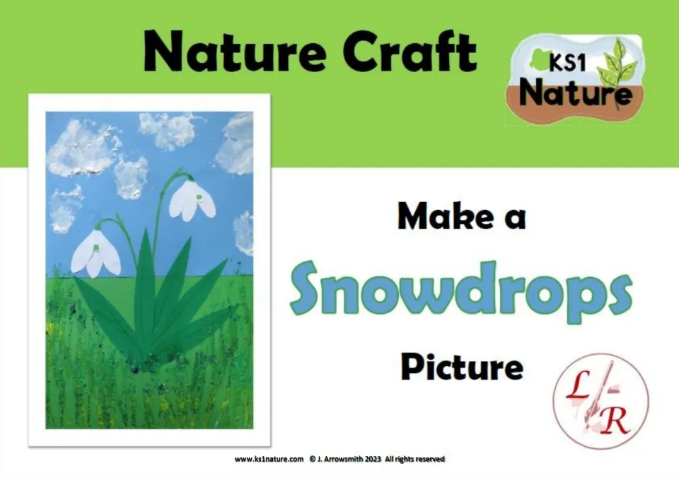 Nature Craft cover: Make a Snowdrops Picture, showing a finished collage of white snowdrops, green leaves, sky and clouds
