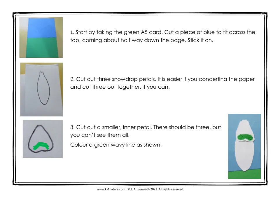 Snowdrop craft steps 1-3: stick blue sky on green card, cut three petals and a smaller inner petal with a green line