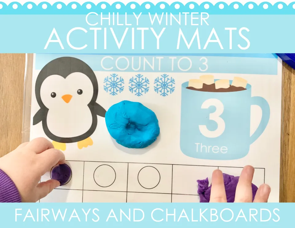 Chilly Winter Activity Mats cover: a child presses playdough onto a Count to 3 mat with a penguin and hot cocoa mug