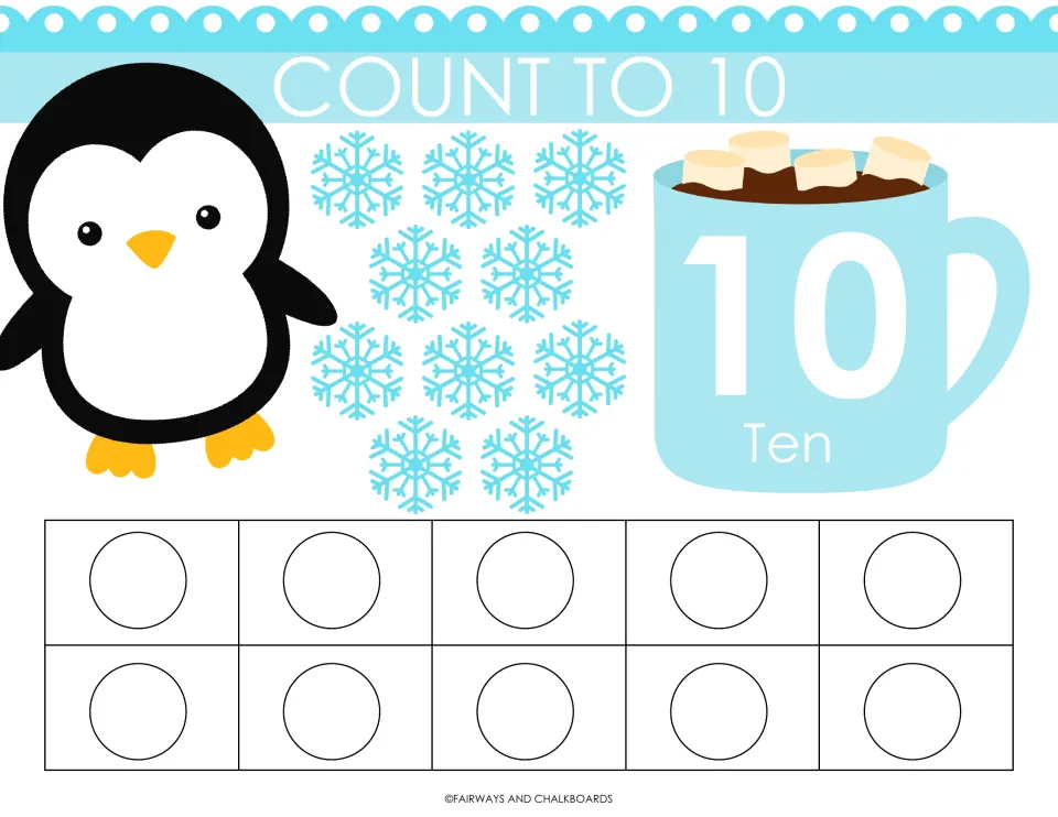 Count to 10 mat: students count 10 snowflakes and fill a full ten frame; a cocoa mug shows the numeral 10 and word Ten