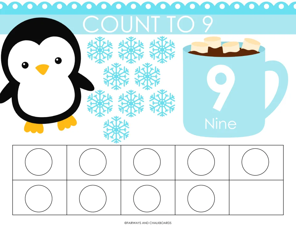 Count to 9 mat: children match 9 snowflakes to 9 ten-frame circles, with the numeral 9 and word Nine on a cocoa mug