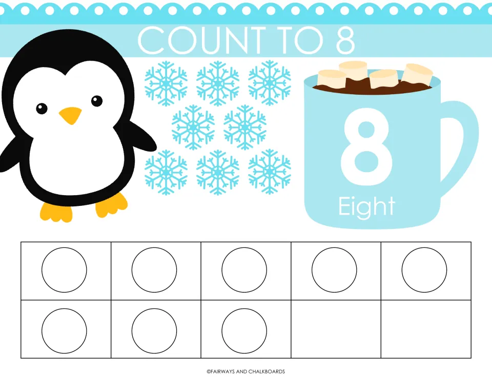 Count to 8 mat: learners place counters on 8 ten-frame circles and count 8 snowflakes; numeral 8 and Eight on a mug