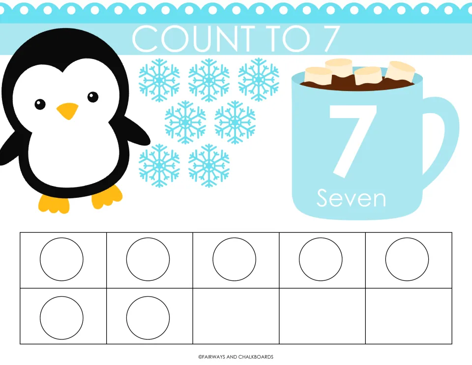 Count to 7 mat: one-to-one counting of 7 snowflakes and 7 ten-frame circles beside a penguin; mug reads 7 and Seven