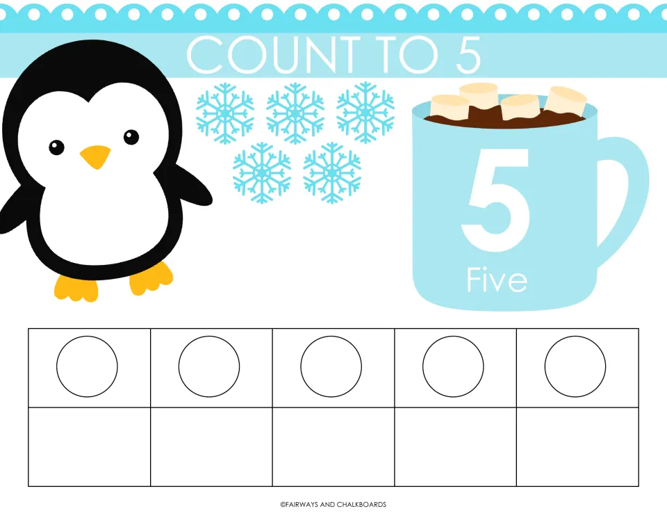 Count to 5 mat: students fill the top row of a ten frame with 5 counters and count 5 snowflakes; mug shows 5 and Five