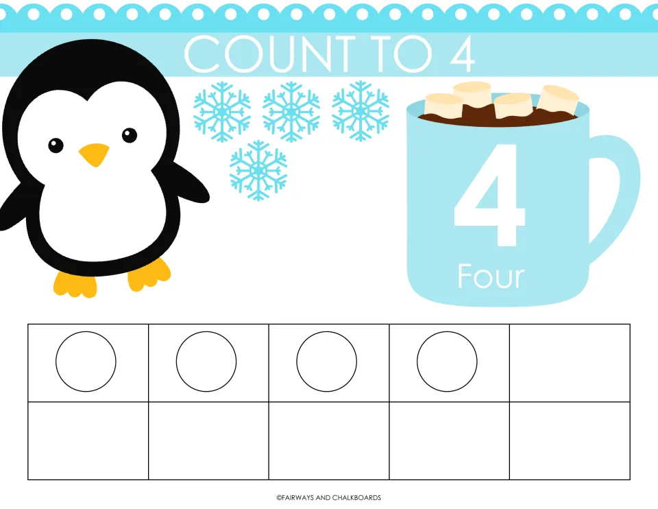 Count to 4 mat: a penguin, 4 snowflakes and 4 ten-frame circles for counting to four; the cocoa mug reads 4 and Four