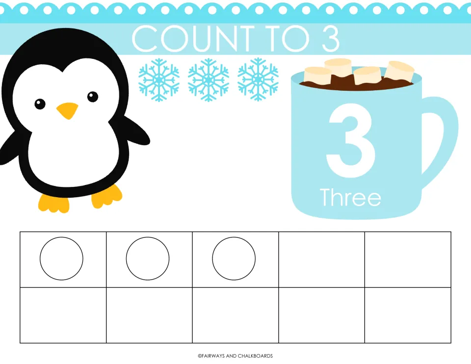 Count to 3 mat: children count 3 snowflakes and place items on 3 ten-frame circles; a hot cocoa mug shows 3 and Three