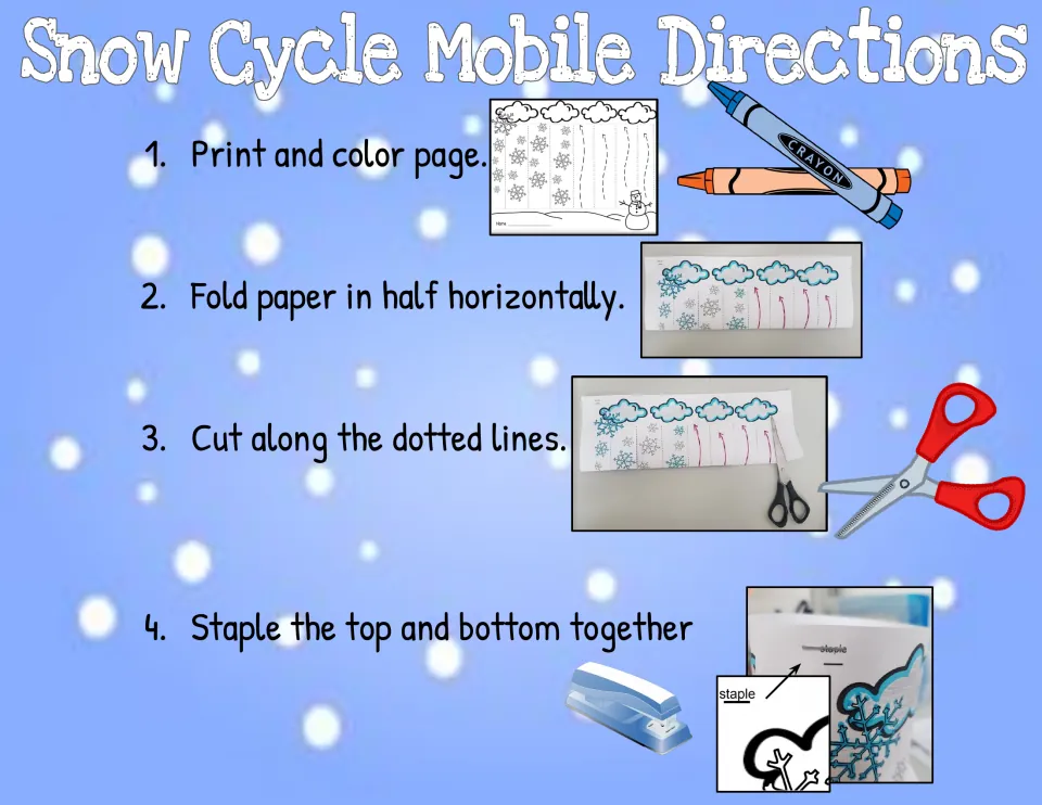 Mobile assembly directions, steps 1–4: print and color, fold horizontally, cut, and staple together