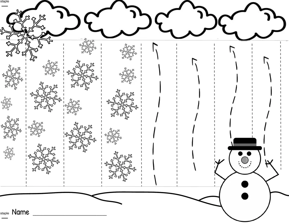 Unlabeled snow cycle mobile template for coloring and assembly, showing clouds, snowflakes, and rising arrows