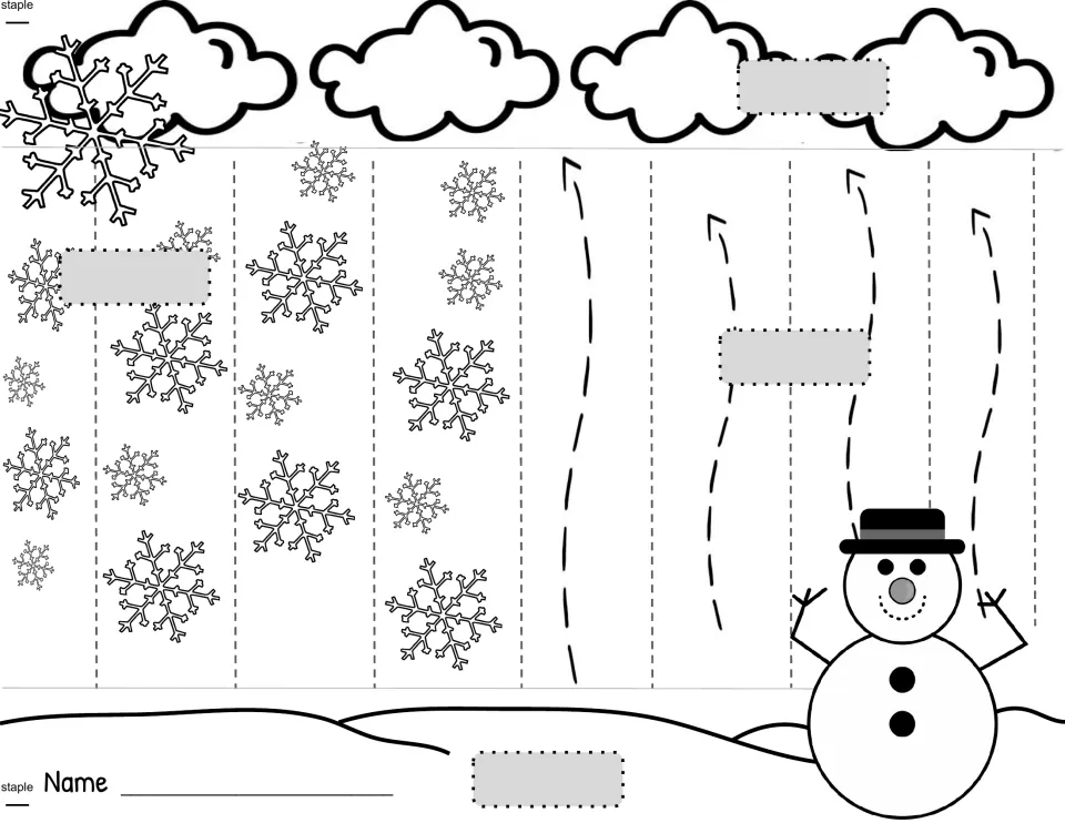Snow cycle mobile template with four blank vocabulary labels beside clouds, snowflakes, and rising arrows