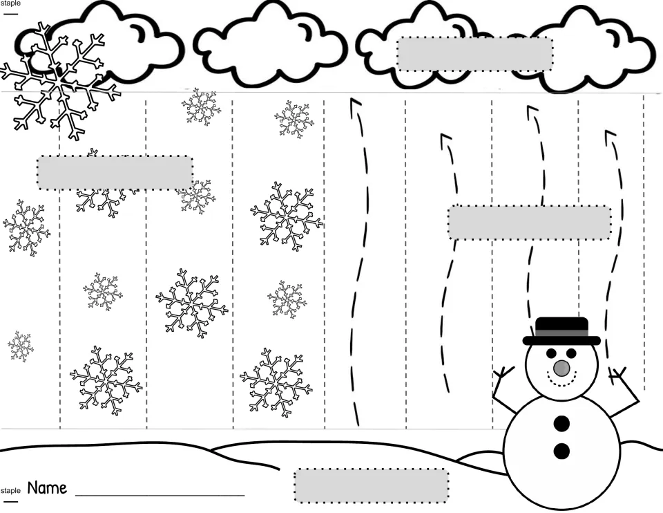 Alternate snow cycle mobile template with four blank vocabulary labels and fewer snowflakes to color