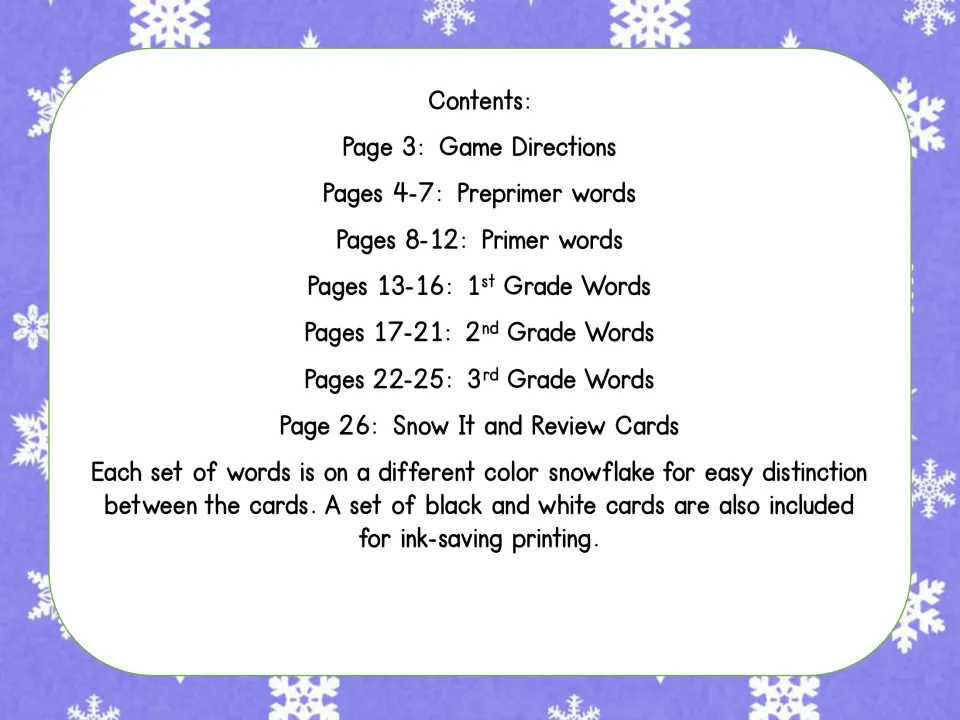 Contents: directions, preprimer, primer, 1st to 3rd grade word sets, Snow It and review cards, plus black and white set