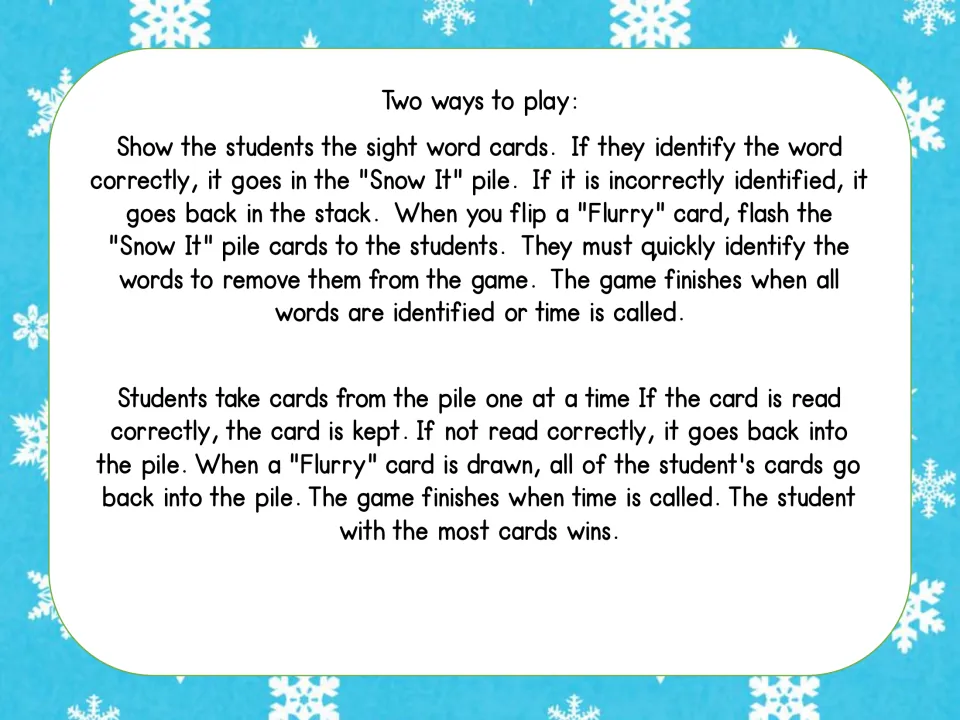 Game directions: two ways to play, a teacher-led Snow It pile round and a draw-and-keep game where Flurry cards reset