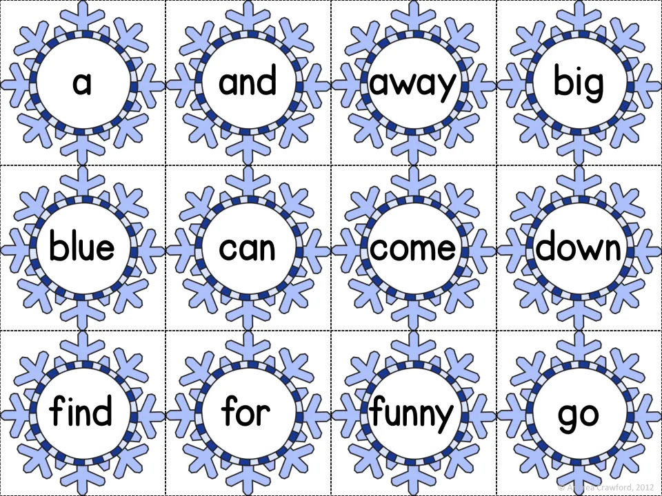 Preprimer sight word cards on light blue snowflakes: a, and, away, big, blue, can, come, down, find, for, funny and go