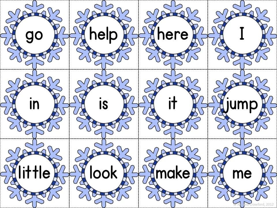 Preprimer word cards on light blue snowflakes for reading go, help, here, I, in, is, it, jump, little, look, make and me
