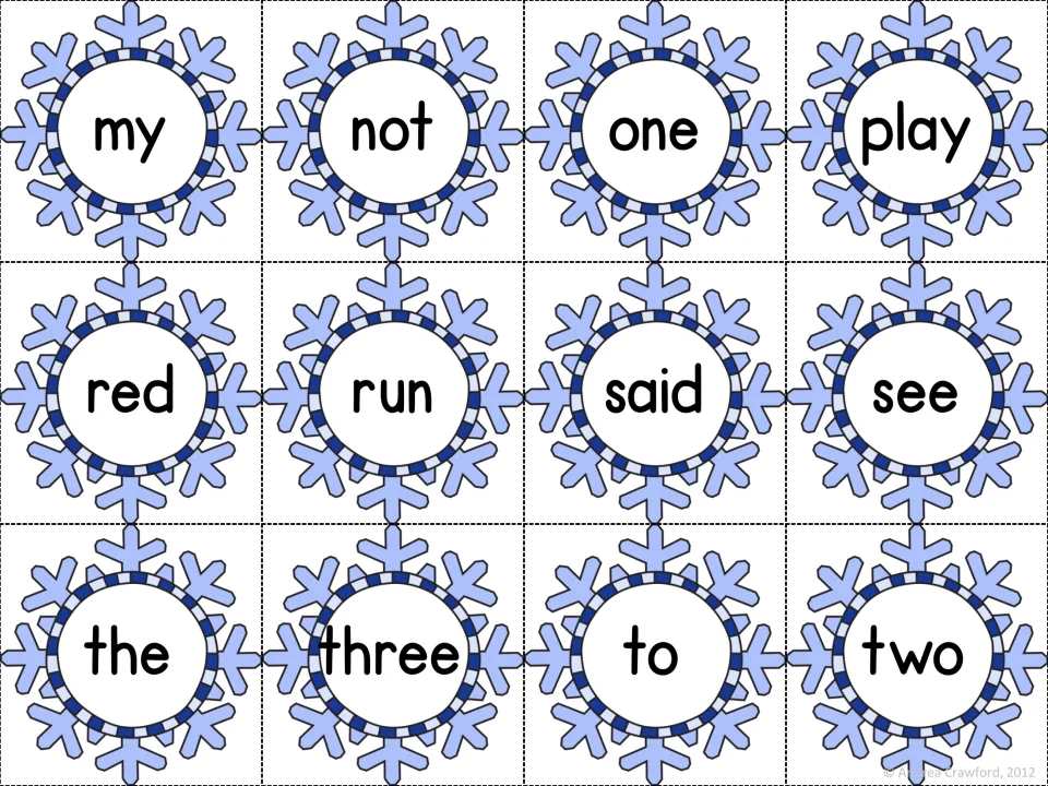 Light blue preprimer snowflake cards for reading my, not, one, play, red, run, said, see, the, three, to and two