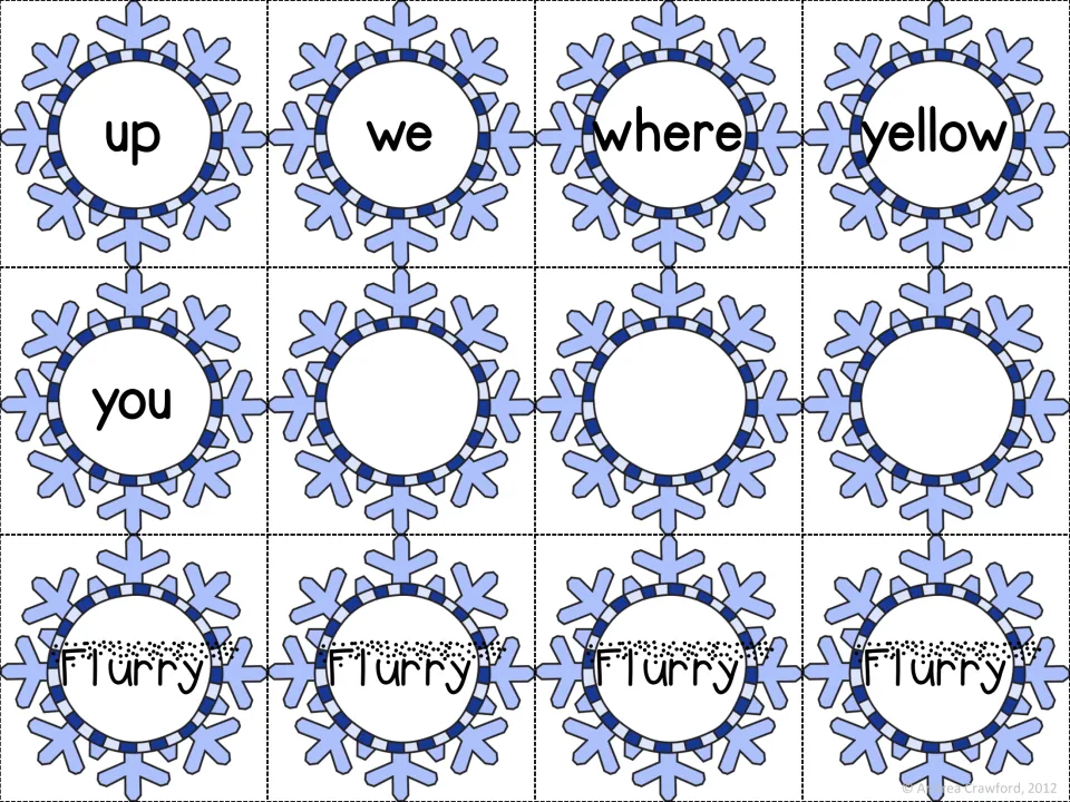 Last preprimer cards up, we, where, yellow and you, three blank snowflakes and four Flurry cards that trigger a pile reset