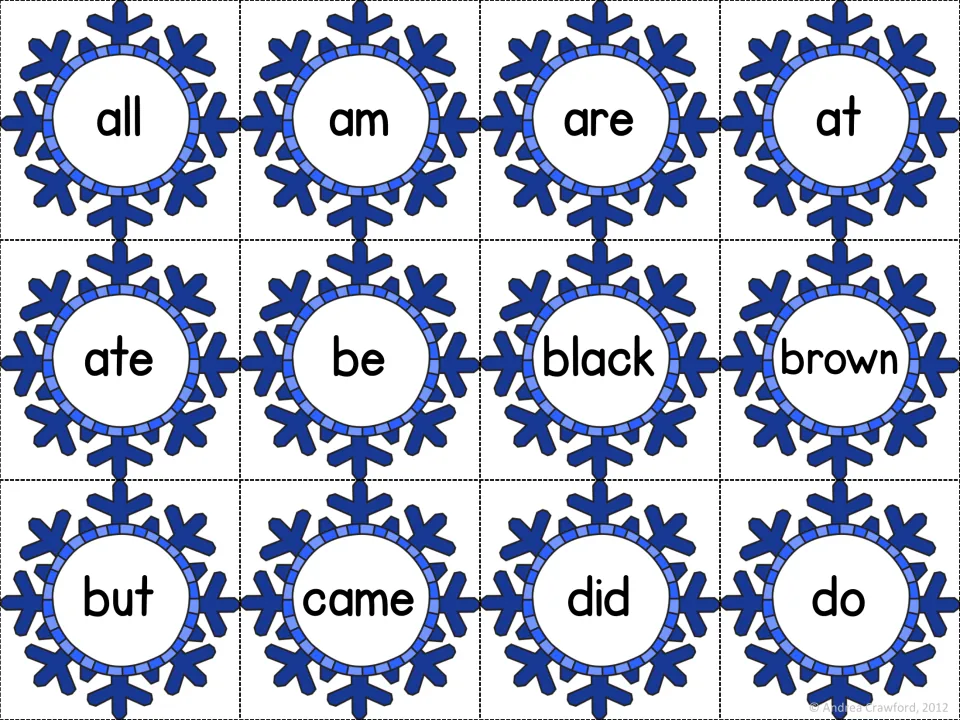 Primer sight word cards on dark blue snowflakes: all, am, are, at, ate, be, black, brown, but, came, did and do