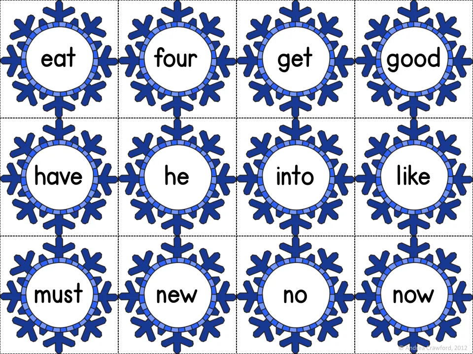 Dark blue primer snowflake cards for reading eat, four, get, good, have, he, into, like, must, new, no and now