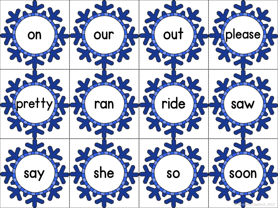 Primer word cards on dark blue snowflakes for reading on, our, out, please, pretty, ran, ride, saw, say, she, so and soon