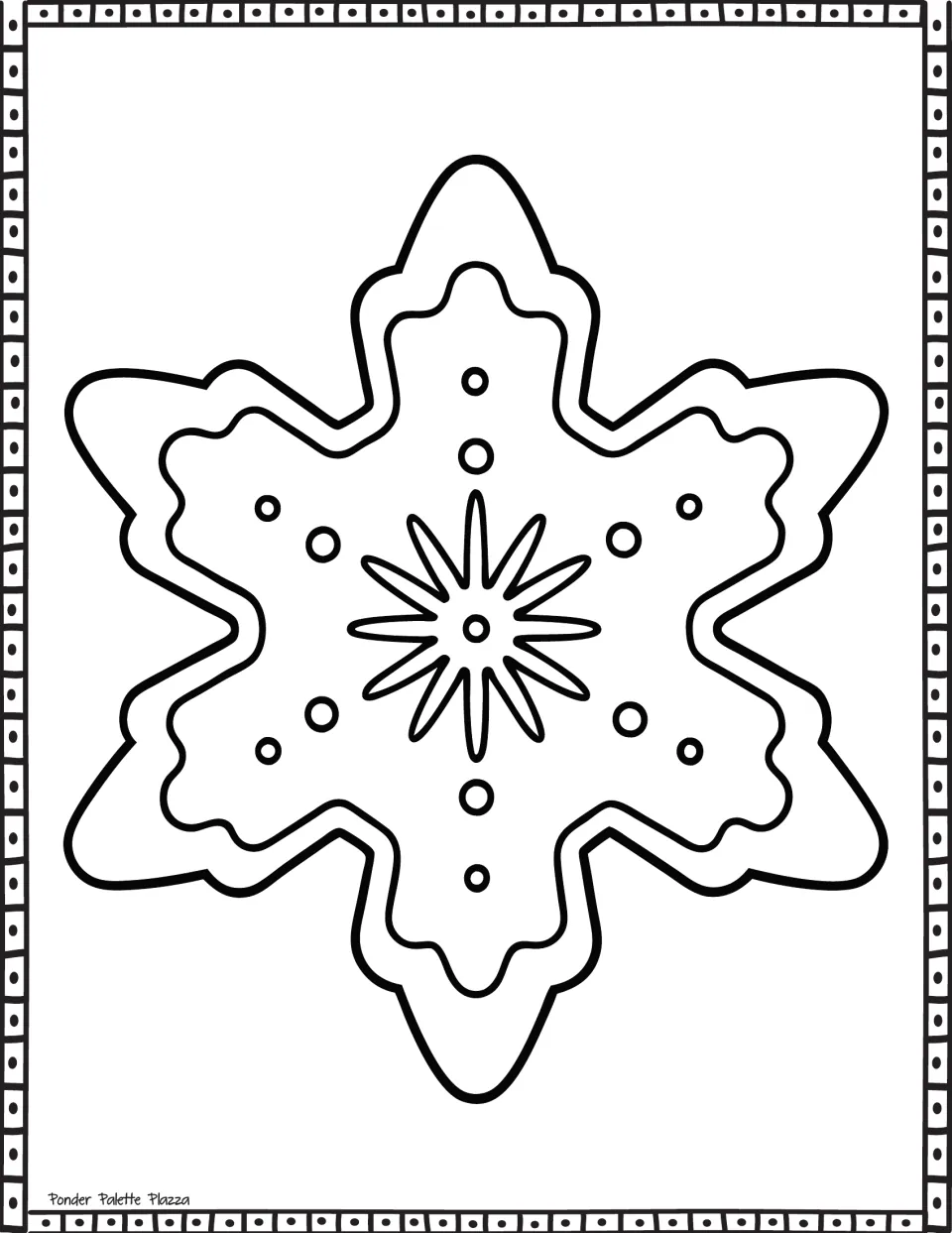 Snowflake coloring sheet featuring six broad points, small circles, and a narrow starburst at the center.