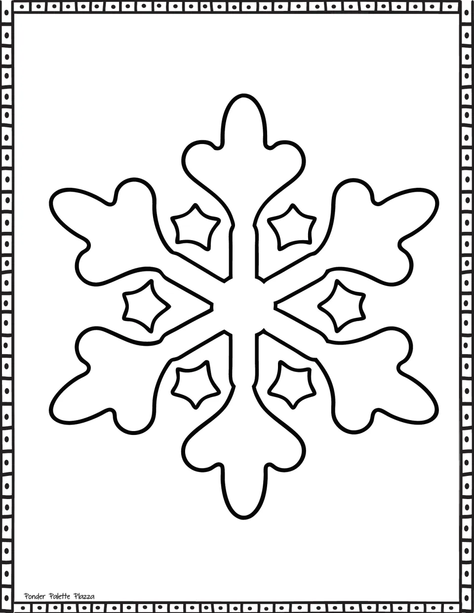 Snowflake coloring sheet featuring six rounded branches and six small star shapes between the branches.