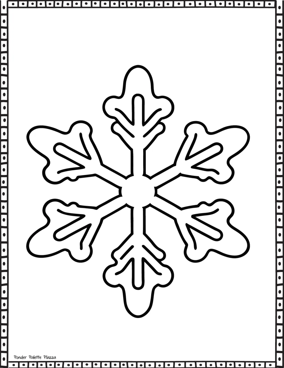 Snowflake coloring sheet featuring six broad branches, forked details, and an open circular center.