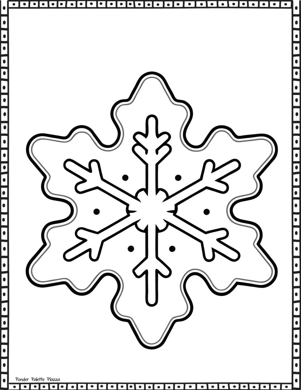 Snowflake coloring sheet featuring a six-point outer shape, branching inner snowflake, and six black dots.