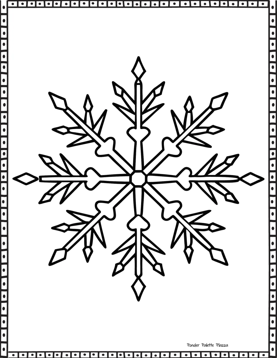 Snowflake coloring sheet featuring eight spokes, diamond-shaped tips, and pointed side branches.