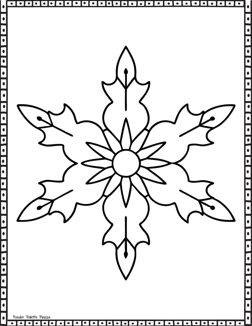 Snowflake coloring sheet featuring six leaflike arms, teardrop details, and petals around a round center.
