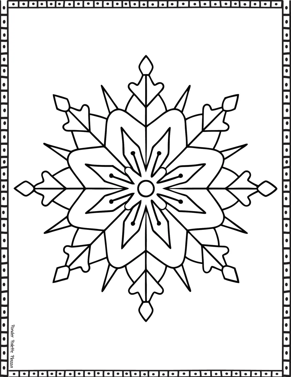 Snowflake coloring sheet featuring eight tipped arms, broad petal shapes, and a detailed floral center.