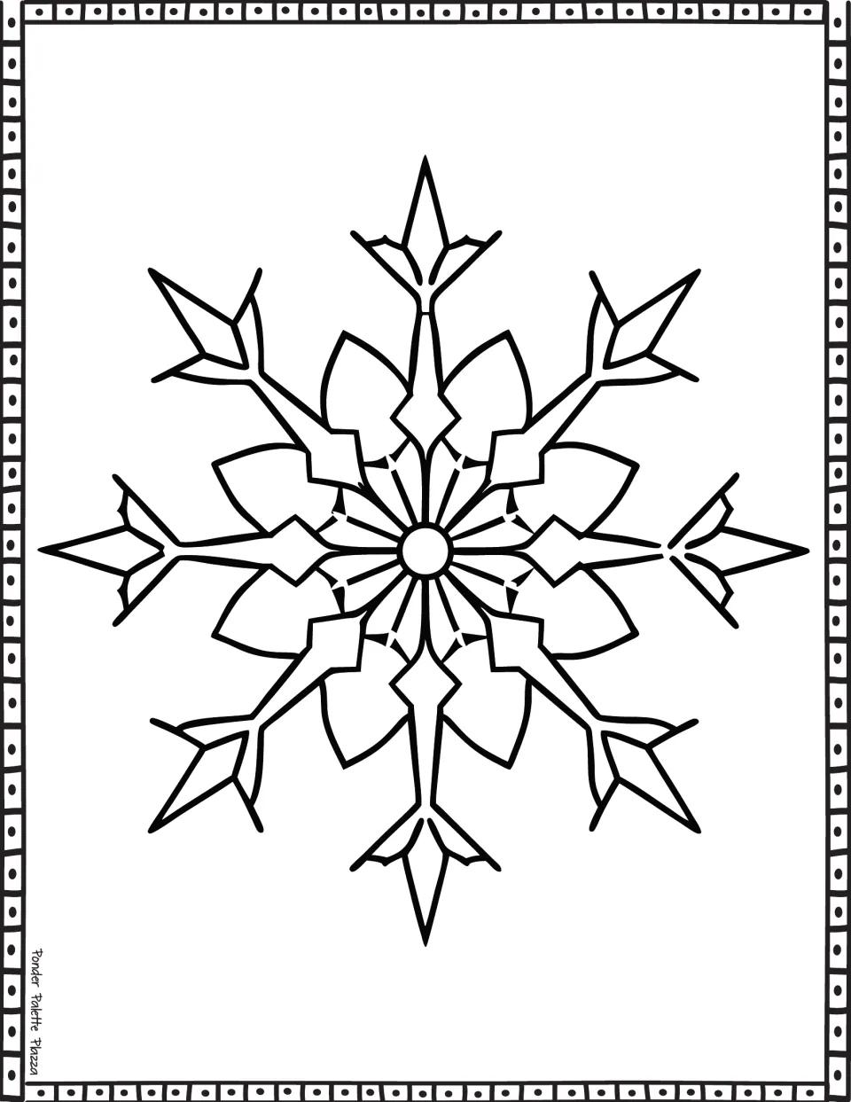 Snowflake coloring sheet featuring eight pointed arms, diamond details, and petals around a round center.