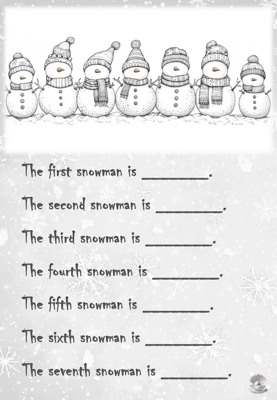 Ordinal numbers and feelings: seven faceless snowmen in hats and scarves with first to seventh sentences to complete