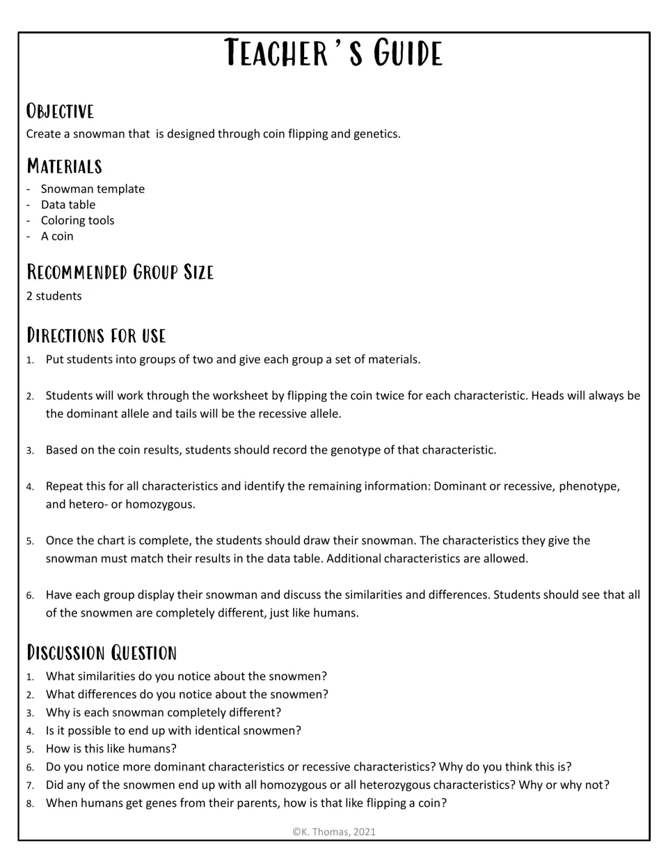 Teacher's guide: objective, materials, pairs grouping, six directions for coin-flip alleles and 8 discussion questions