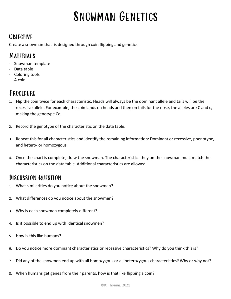 Snowman Genetics student sheet: flip a coin twice per trait, record genotype and phenotype, answer 8 discussion questions