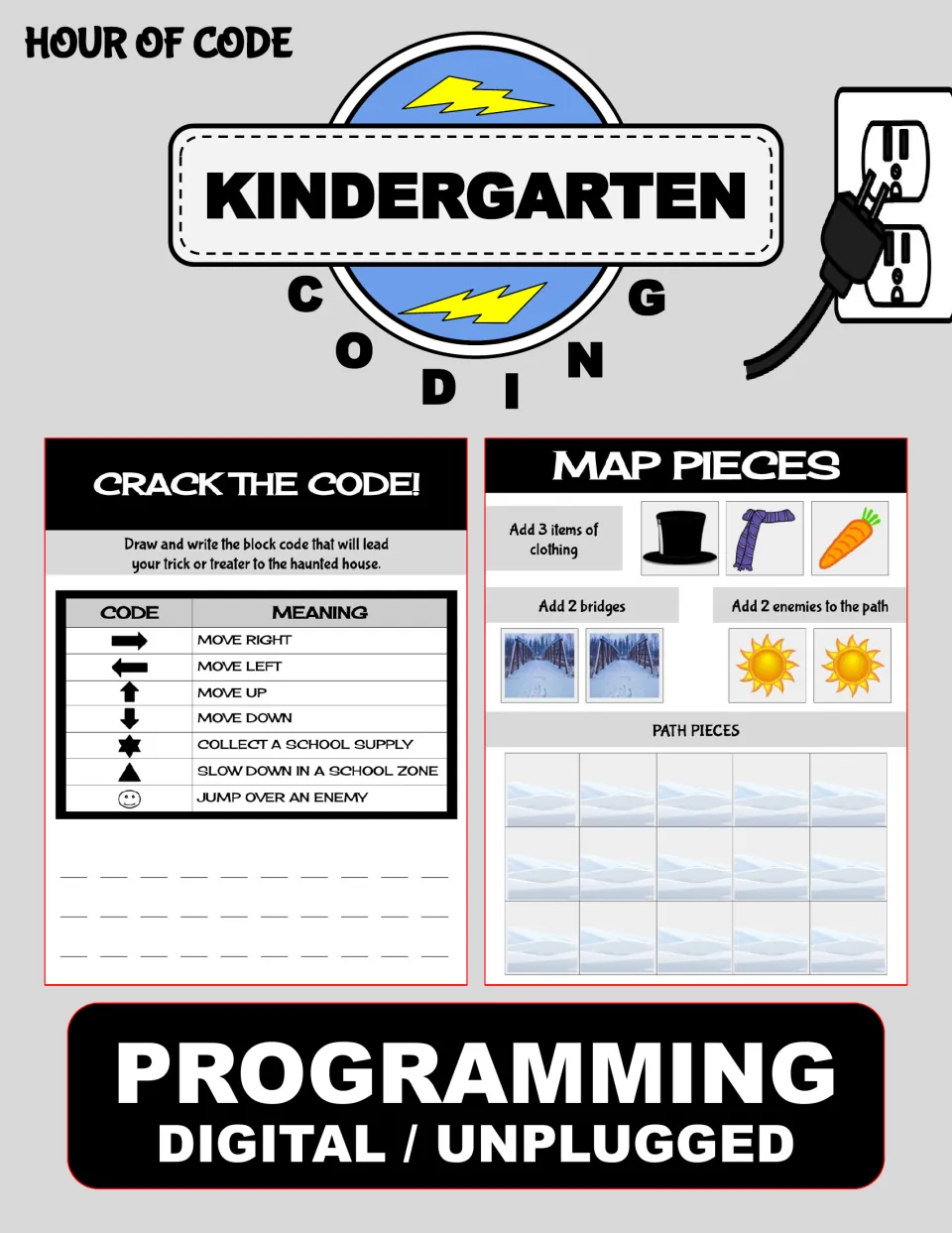 Kindergarten coding activity cover labeled Hour of Code and Programming Digital / Unplugged, with samples