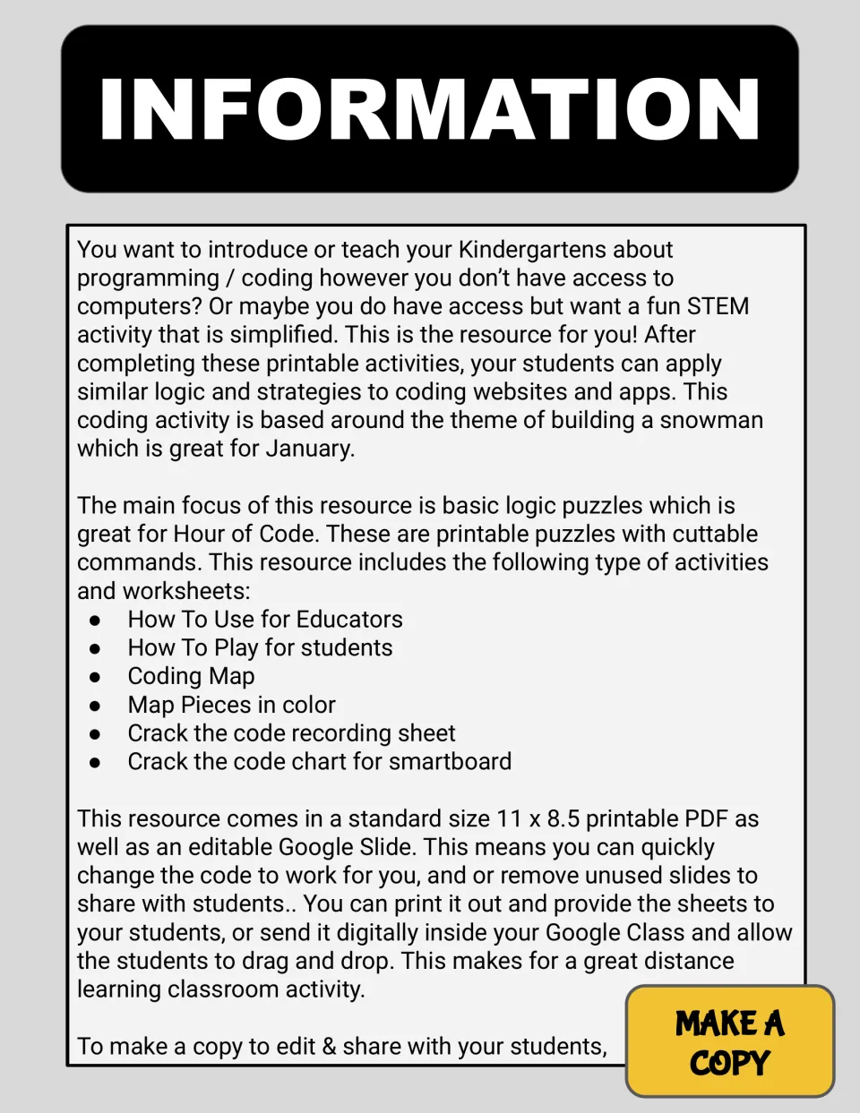 Resource overview lists snowman coding materials and explains printable PDF and editable Google Slides use