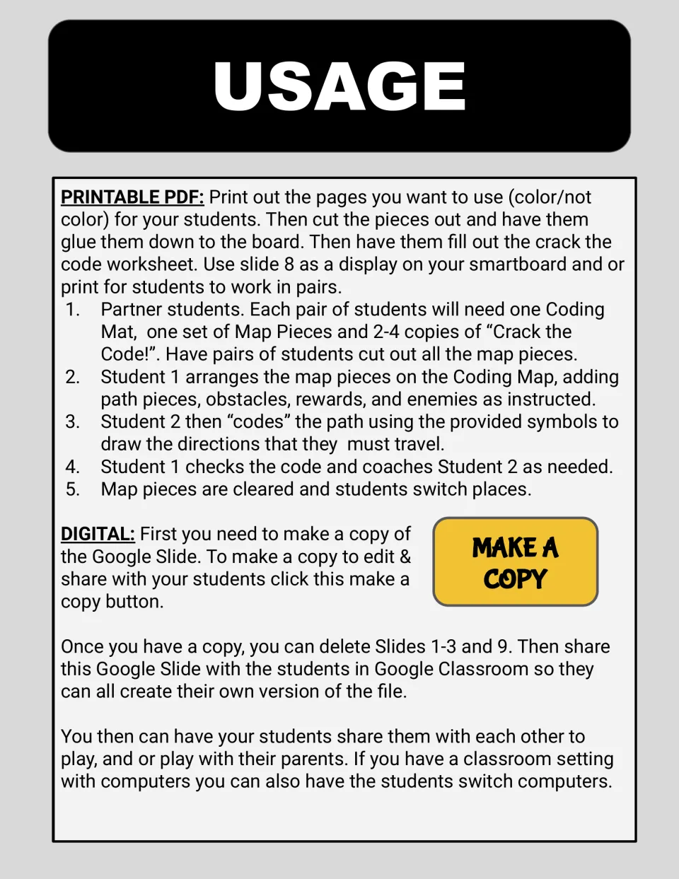 Educator directions explain paired map building, recording and checking code, and digital sharing steps