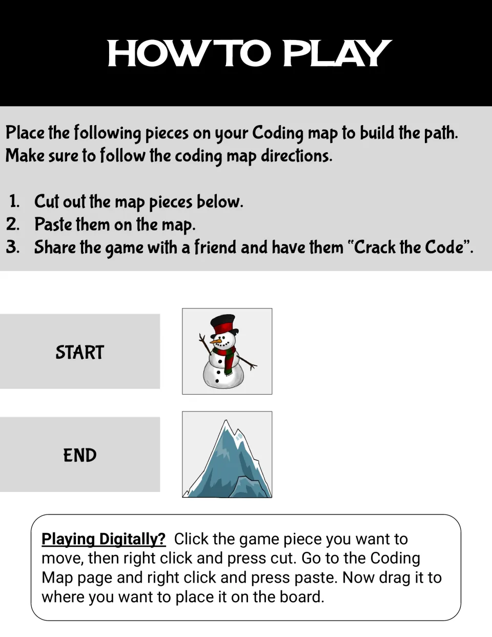Student play directions include snowman start and mountain end pieces, plus digital cut-and-paste steps