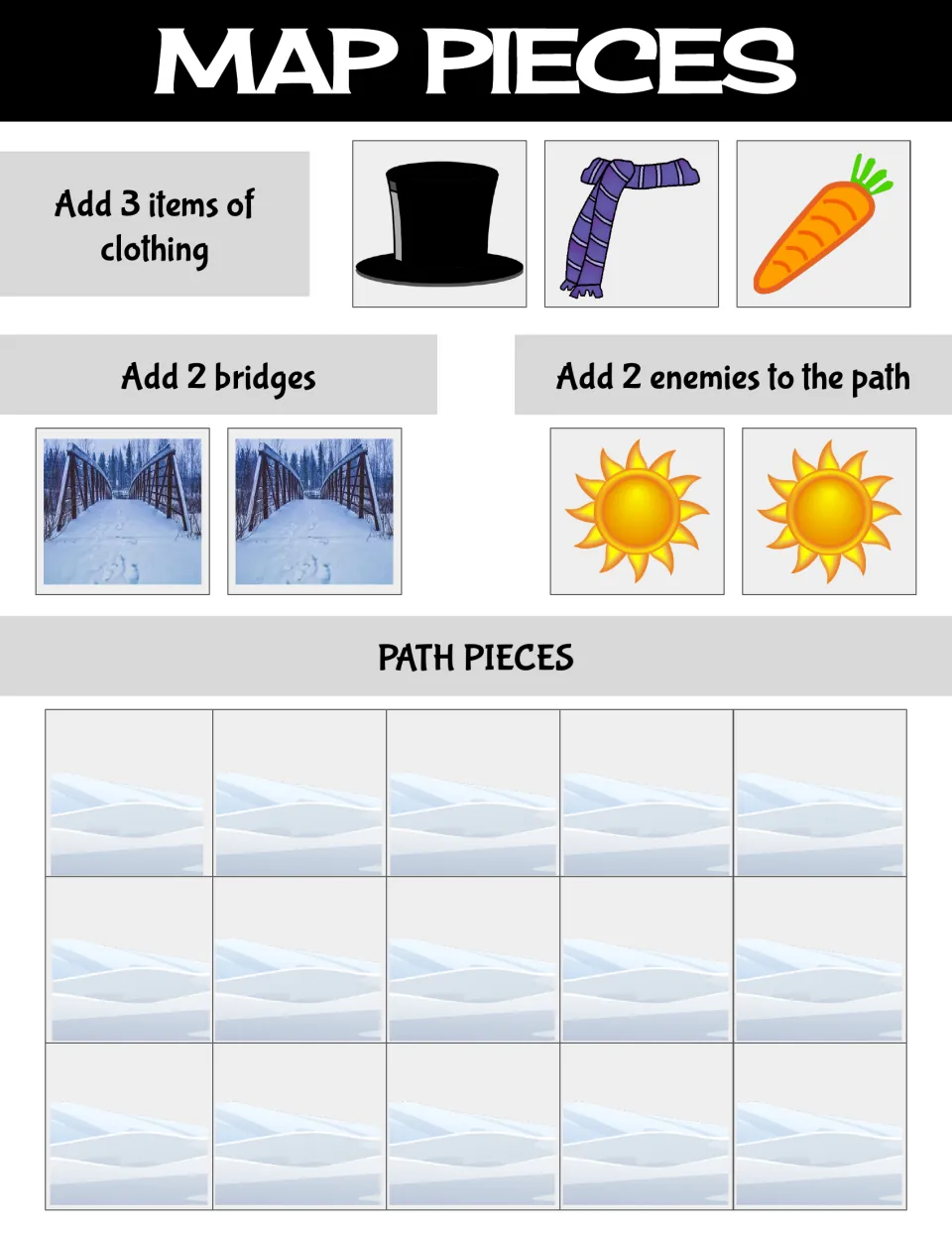Coding map cutouts include a hat, scarf, carrot, two bridges, two sun enemies, and 15 snowy path pieces