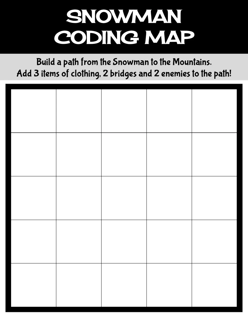 Snowman coding map asks students to build a path to the mountains with three items, two bridges, and two enemies