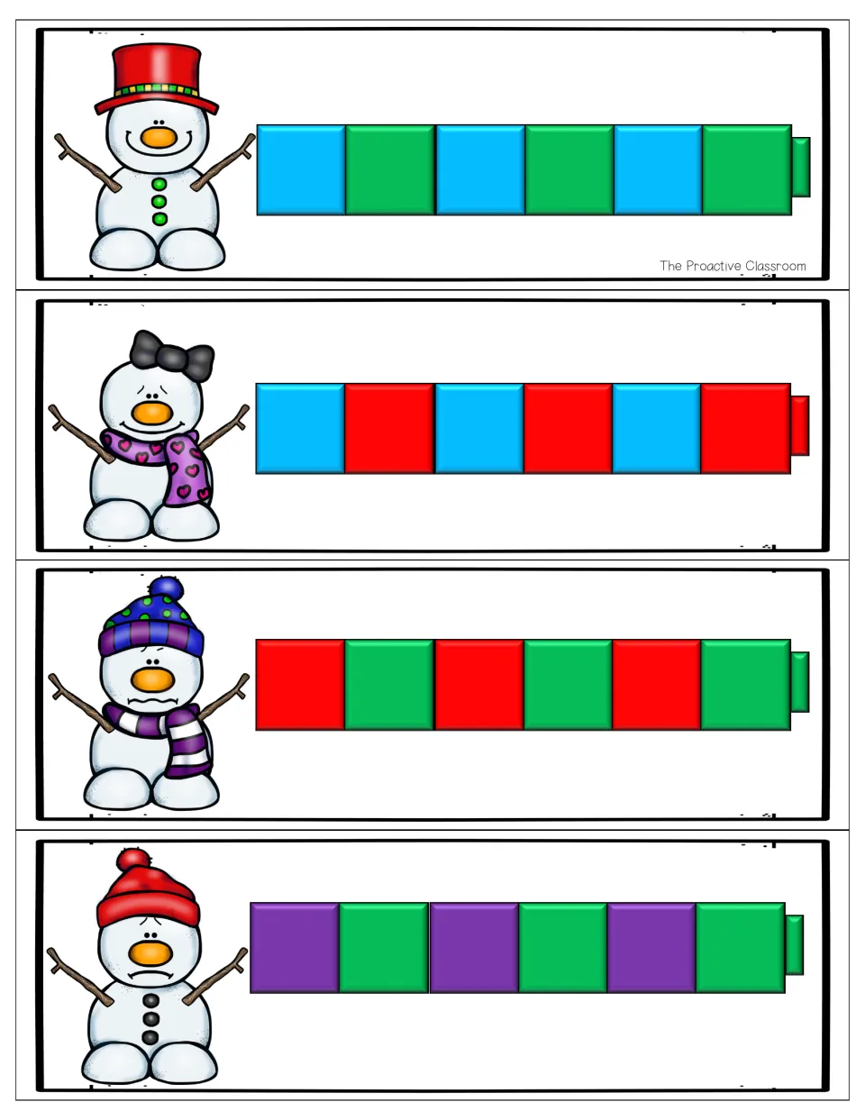 AB pattern cards: four snowmen with blue-green, blue-red, red-green and purple-green cube rows for students to continue