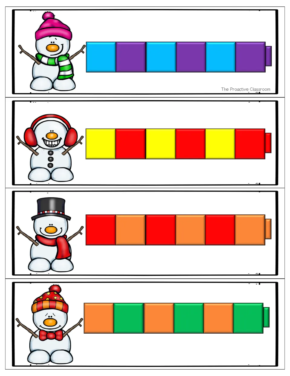 AB pattern cards: snowmen beside blue-purple, yellow-red, red-orange and orange-green cube rows to copy and extend