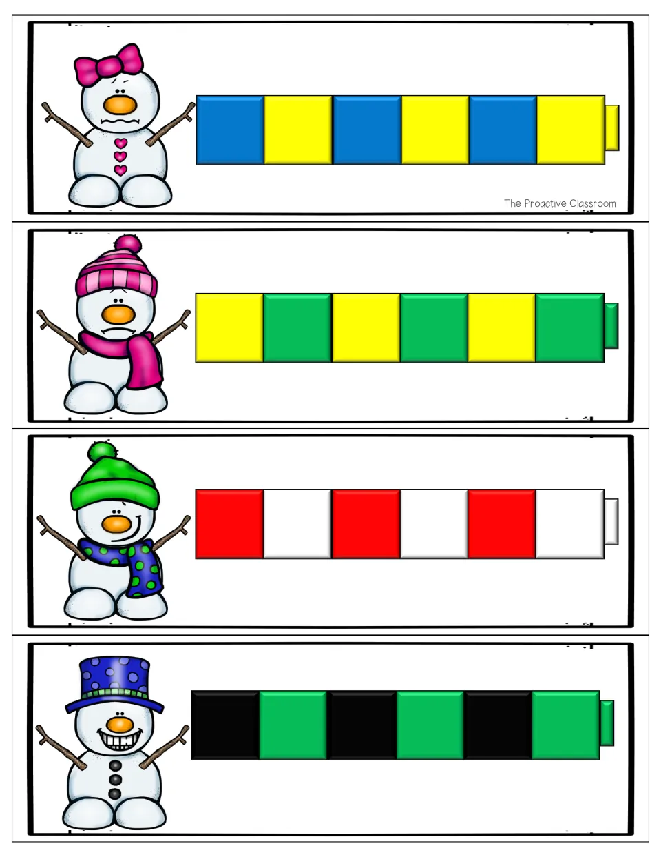 AB pattern cards: snowmen with blue-yellow, yellow-green, red-white and black-green cube rows to build and repeat