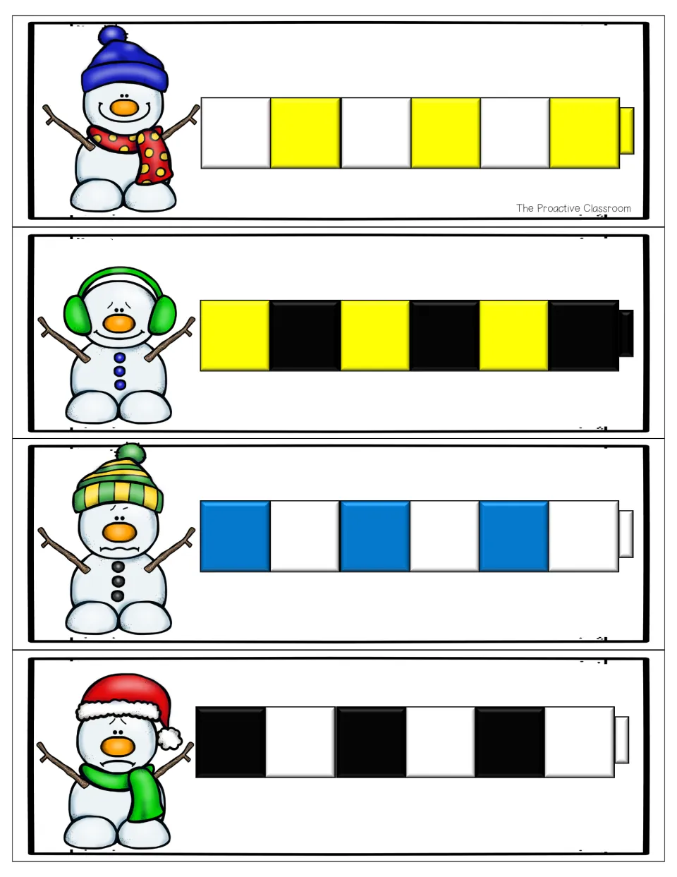 AB pattern cards: snowmen beside white-yellow, yellow-black, blue-white and black-white cube rows for students to extend