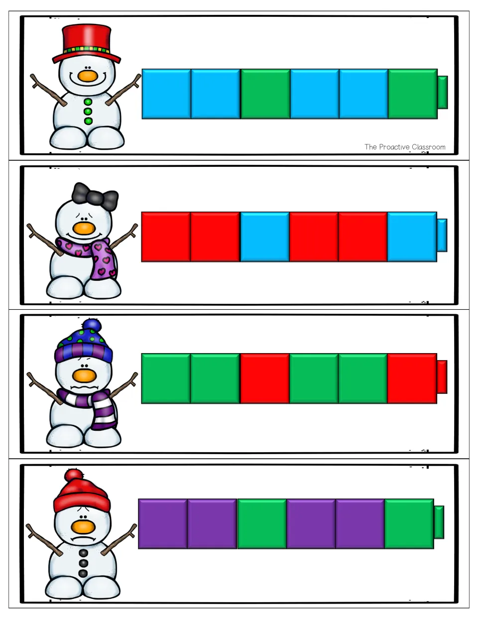 AAB pattern cards: snowmen with blue-blue-green, red-red-blue, green-green-red and purple-purple-green rows to continue