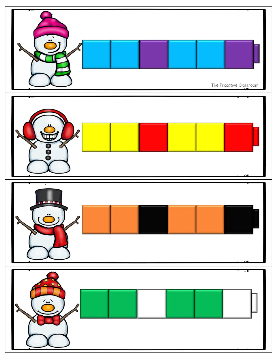 AAB pattern cards: blue-blue-purple, yellow-yellow-red, orange-orange-black and green-green-white cube rows to extend