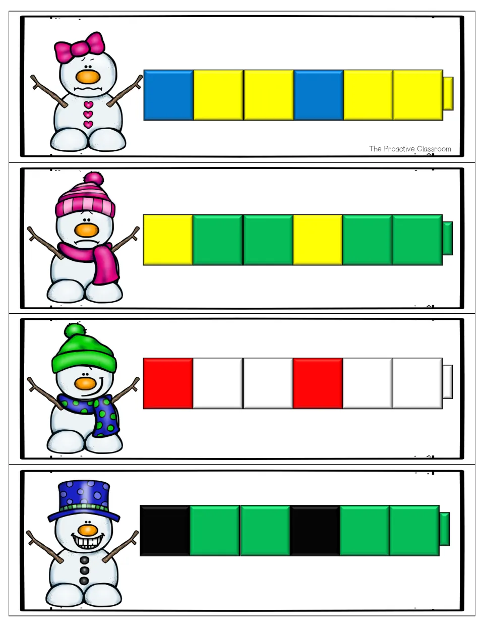ABB pattern cards: blue-yellow-yellow, yellow-green-green, red-white-white and black-green-green cube rows to build