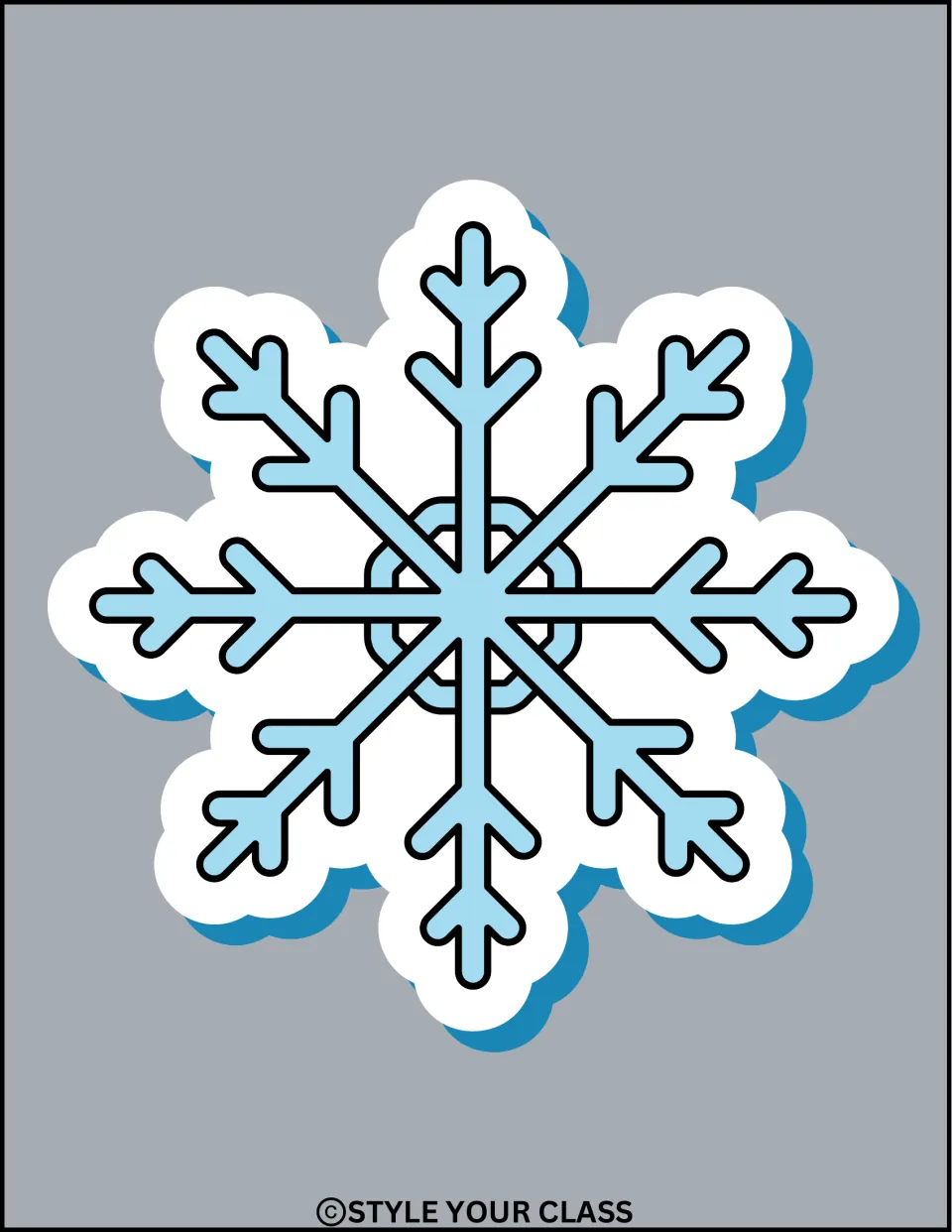 Snowflake decoration: one large light-blue snowflake with a white outline and blue shadow on gray, ready to cut out
